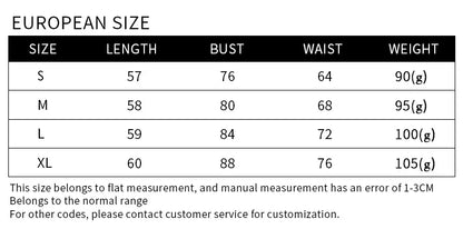 EtherealBe size chart European sizes S M L XL for women superhero workout tank top showing length bust waist weight
