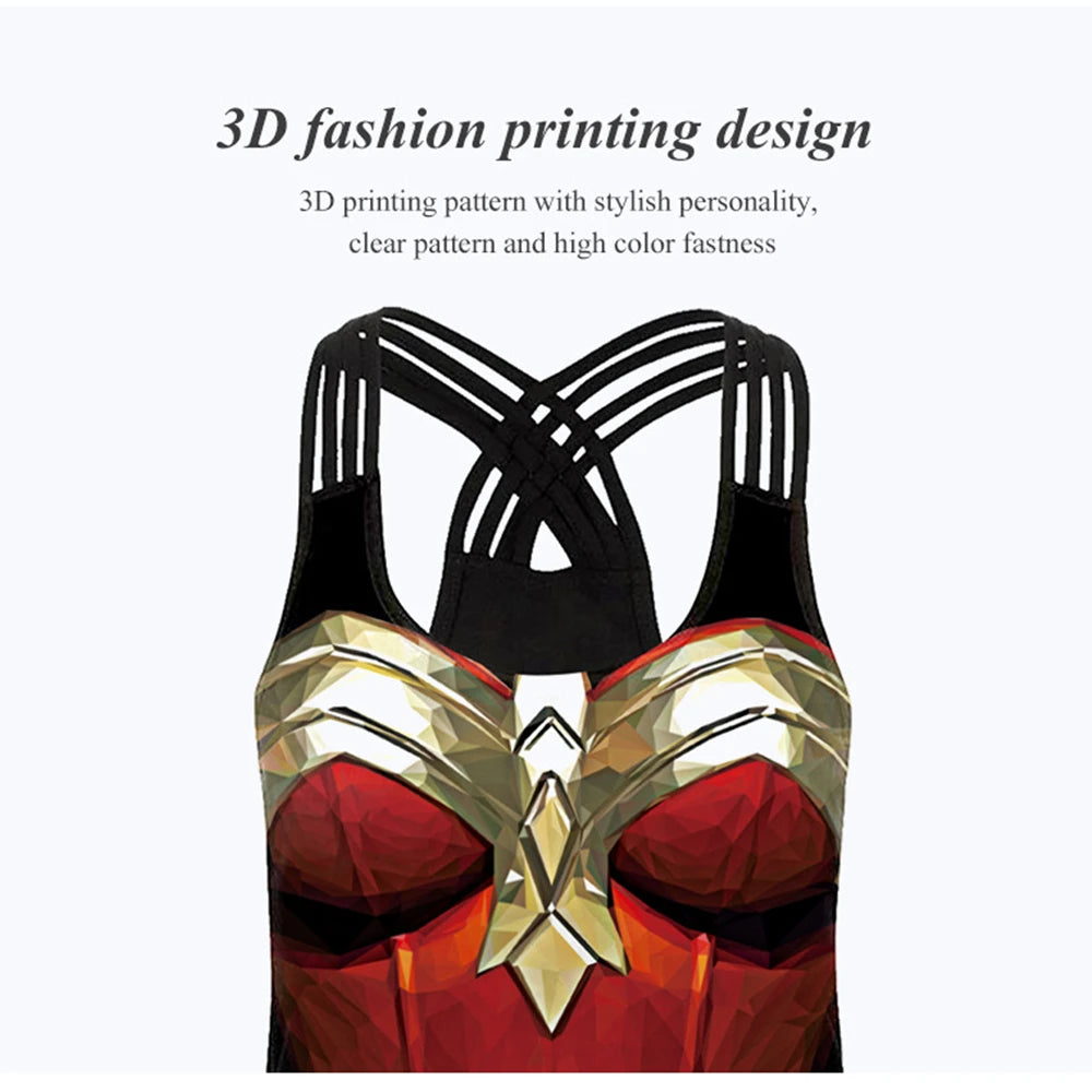 EtherealBe women superhero workout tank top with 3D red and gold armor print and strappy crisscross back