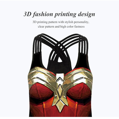 EtherealBe women superhero workout tank top with 3D red and gold armor print and strappy crisscross back