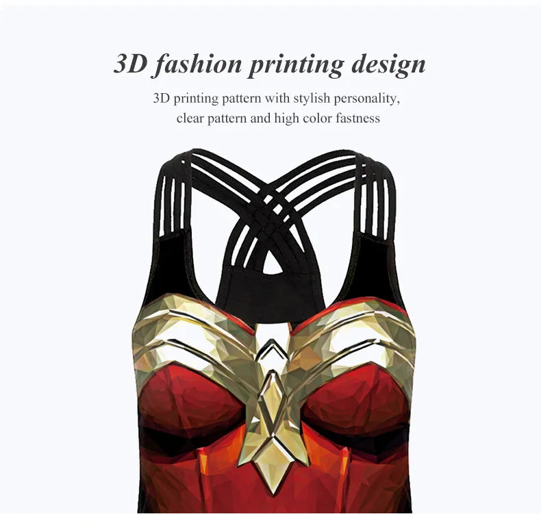 EtherealBe women superhero workout tank top with red gold 3D printed Wonder Woman armor design and crisscross black straps