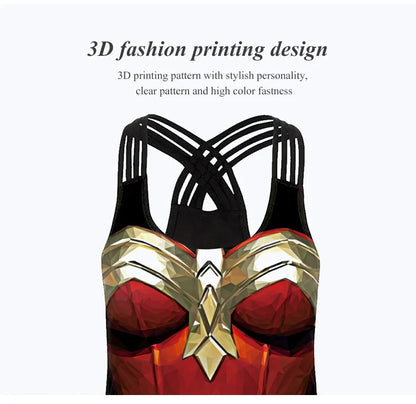 EtherealBe women superhero workout tank top with red gold 3D printed Wonder Woman armor design and crisscross black straps