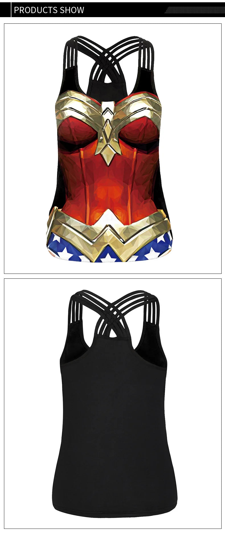 EtherealBe women superhero workout tank top featuring Wonder Woman style red gold corset print and crisscross straps
