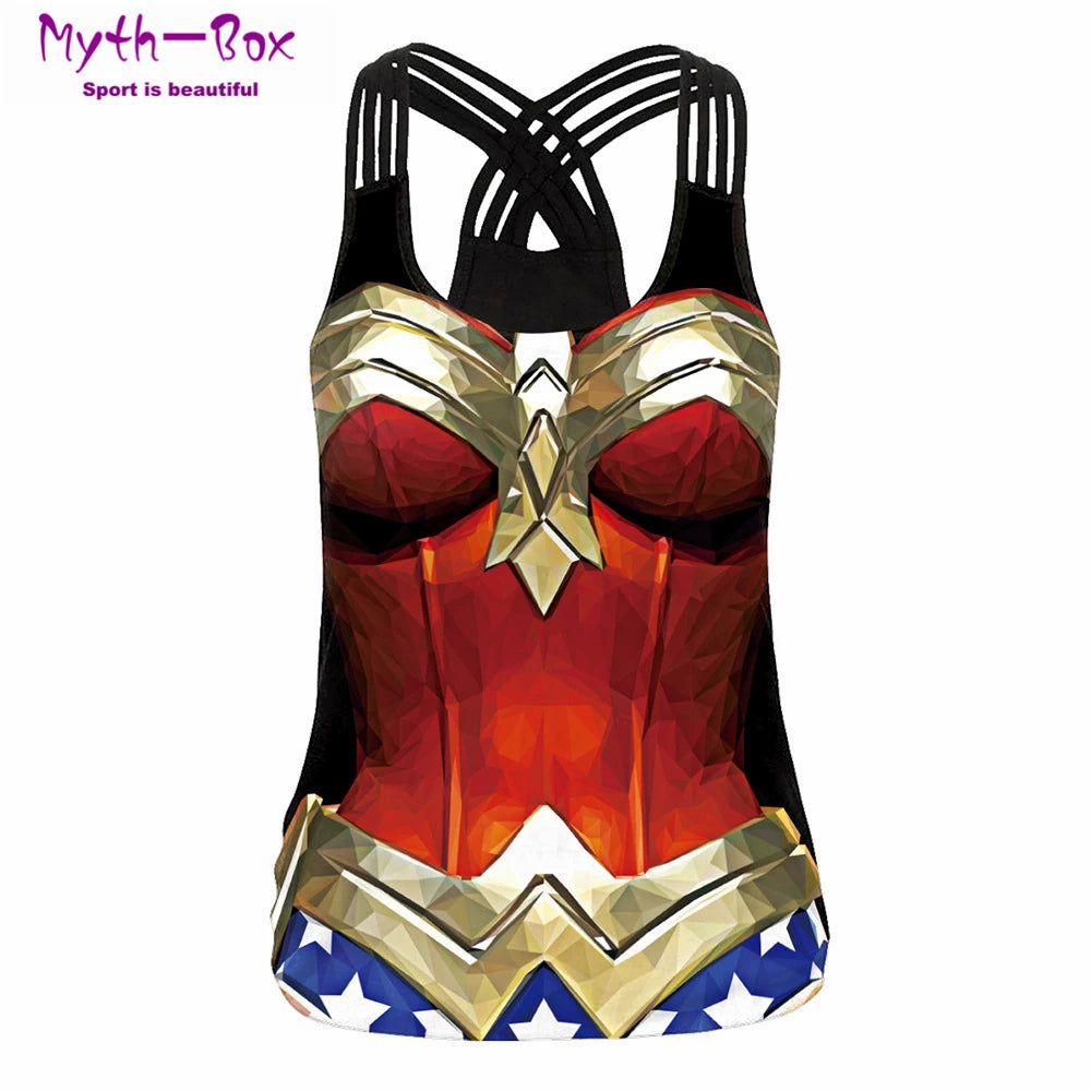 women superhero workout tank top with red gold armor print blue star waist and crossed strappy racerback