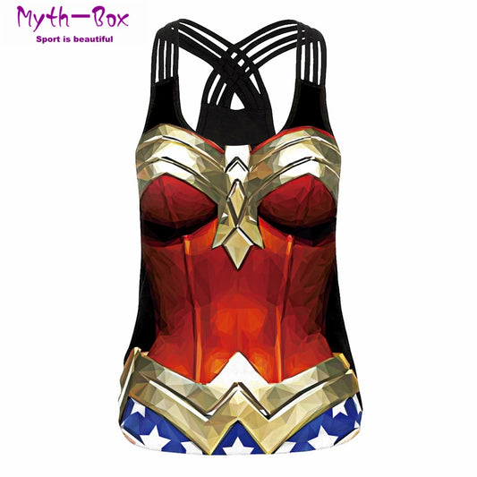 women superhero workout tank top with red gold armor print blue star waist and crossed strappy racerback