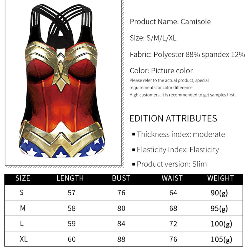women superhero workout tank top with Wonder Woman style print crisscross back and slim fit S to XL