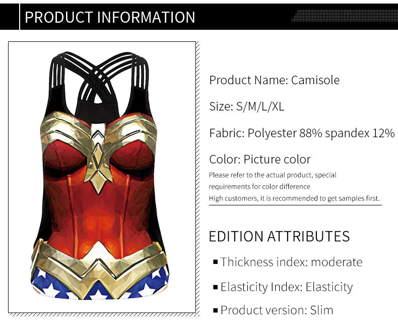 EtherealBe women superhero workout tank top with Wonder Woman style red gold armor print and crisscross back straps