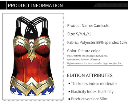 EtherealBe women superhero workout tank top with Wonder Woman style red gold armor print and crisscross back straps