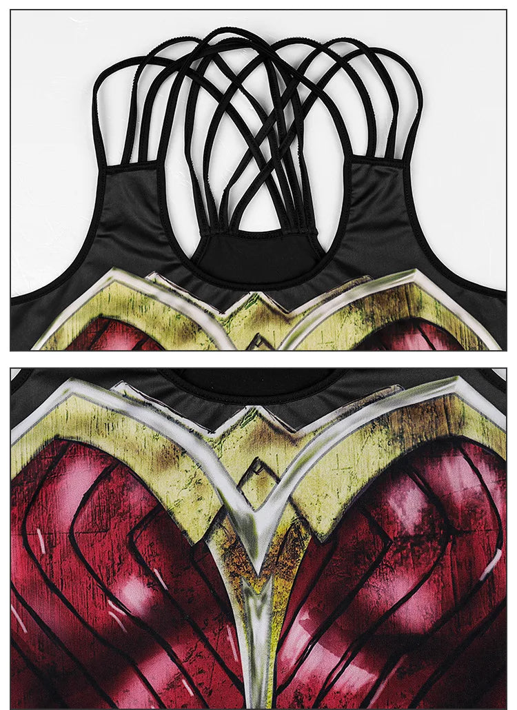 women superhero workout tank top with strappy crisscross back and distressed gold red chest emblem