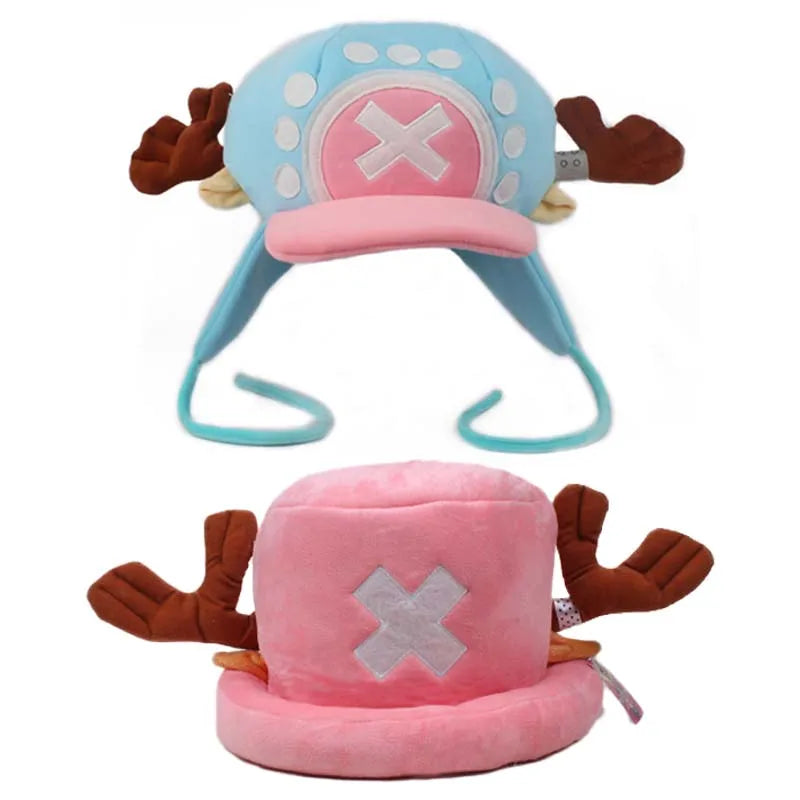 Tony Tony Chopper cosplay hat set showing blue antler cap with earflaps and pink plush top hat