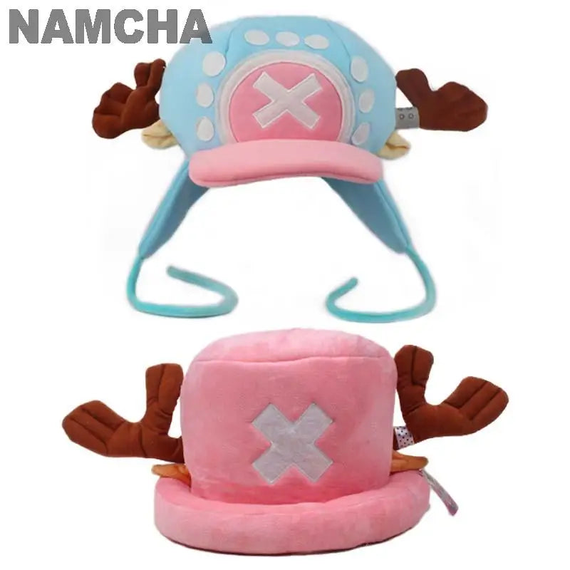Tony Tony Chopper cosplay hat set showing blue earflap hat and pink plush top hat with antlers and white X emblem