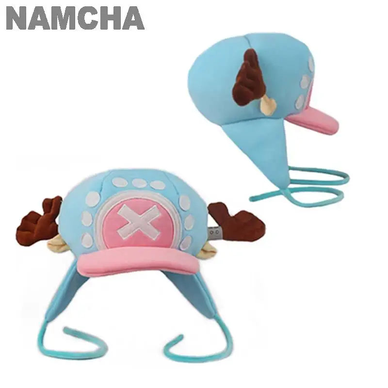 Tony Tony Chopper cosplay hat blue plush with pink brim white X front brown antlers earflaps ties
