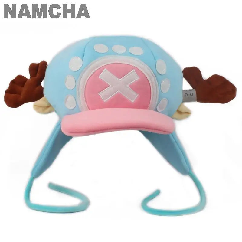 Tony Tony Chopper cosplay hat plush light blue with pink X front brown antlers earflaps and chin ties