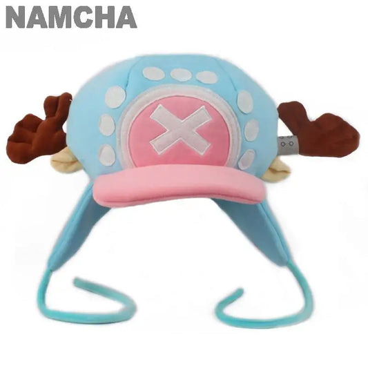 Tony Tony Chopper cosplay hat plush light blue with pink X front brown antlers earflaps and chin ties