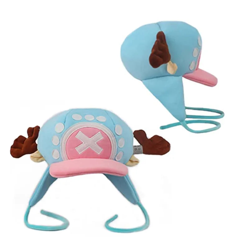 Tony Tony Chopper cosplay hat plush blue and pink with antlers X emblem ear flaps and chin straps