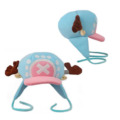Tony Tony Chopper cosplay hat plush blue and pink with antlers X emblem ear flaps and chin straps