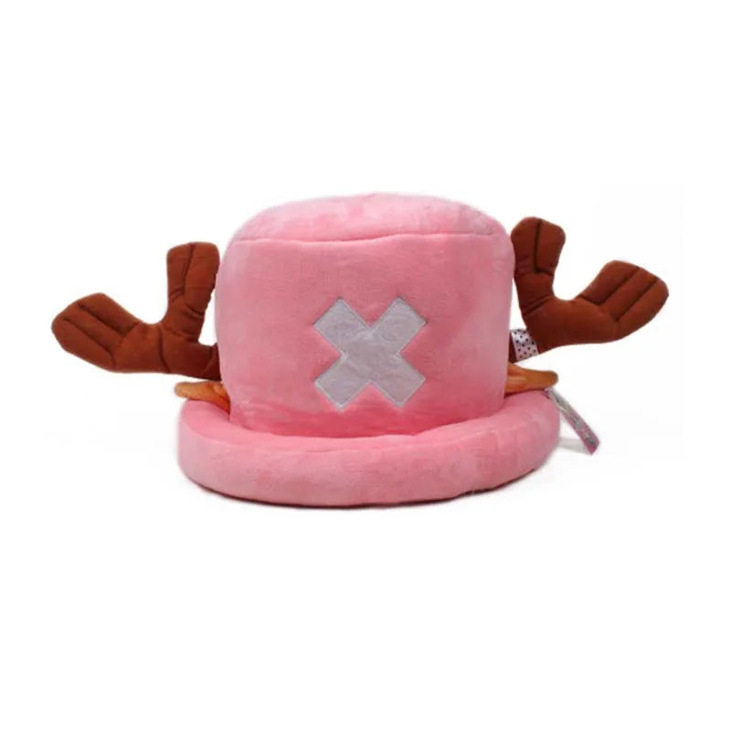 Tony Tony Chopper cosplay hat plush pink bucket hat with brown antlers and white X emblem for anime fans