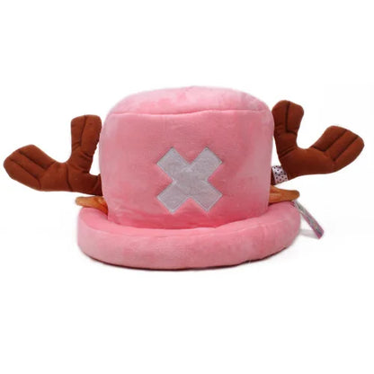 Tony Tony Chopper cosplay hat pink plush with brown antlers and white X emblem for anime costume