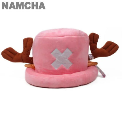 Tony Tony Chopper cosplay hat pink plush bucket hat with brown antlers and white X front for anime fans