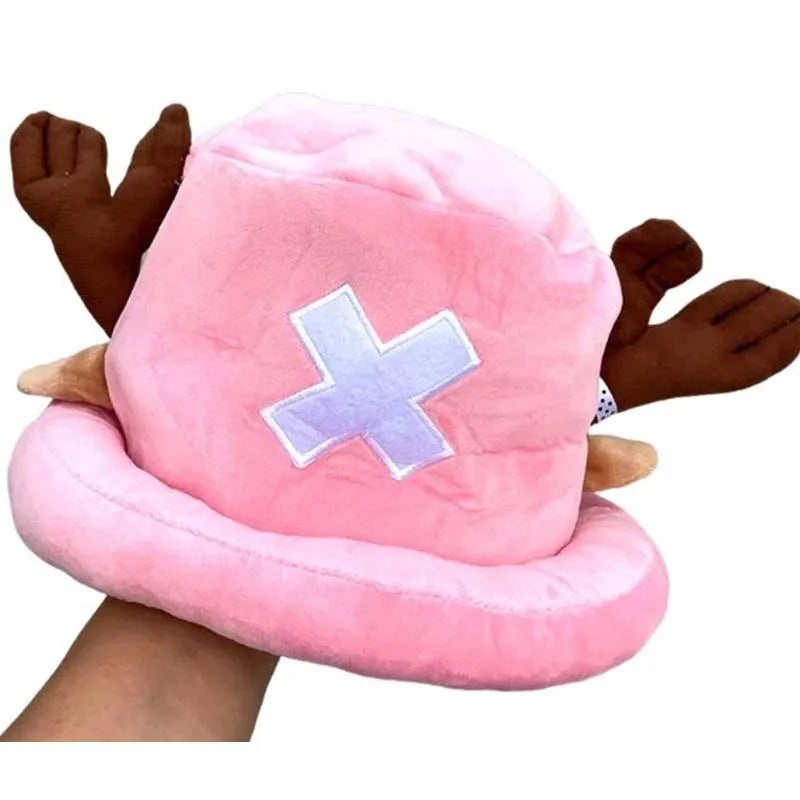 Tony Tony Chopper cosplay hat plush pink bucket hat with white cross emblem and brown antlers
