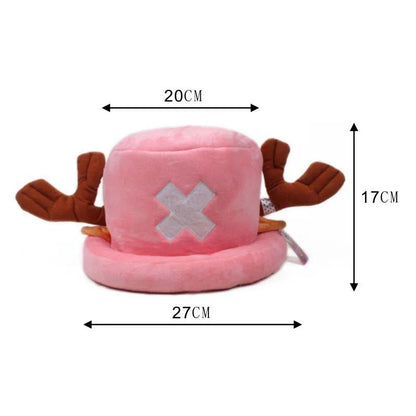 Tony Tony Chopper cosplay hat plush pink top hat with brown antlers and white X emblem showing dimensions 27cm by 20cm by 17cm