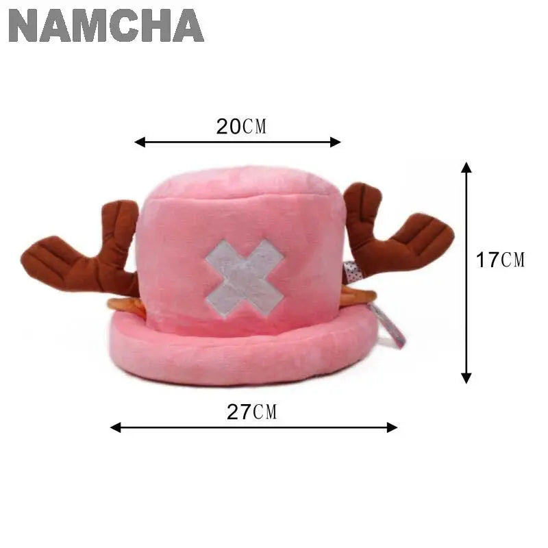 Pink plush Tony Tony Chopper cosplay hat with white X on front and brown antlers 20cm by 27cm by 17cm