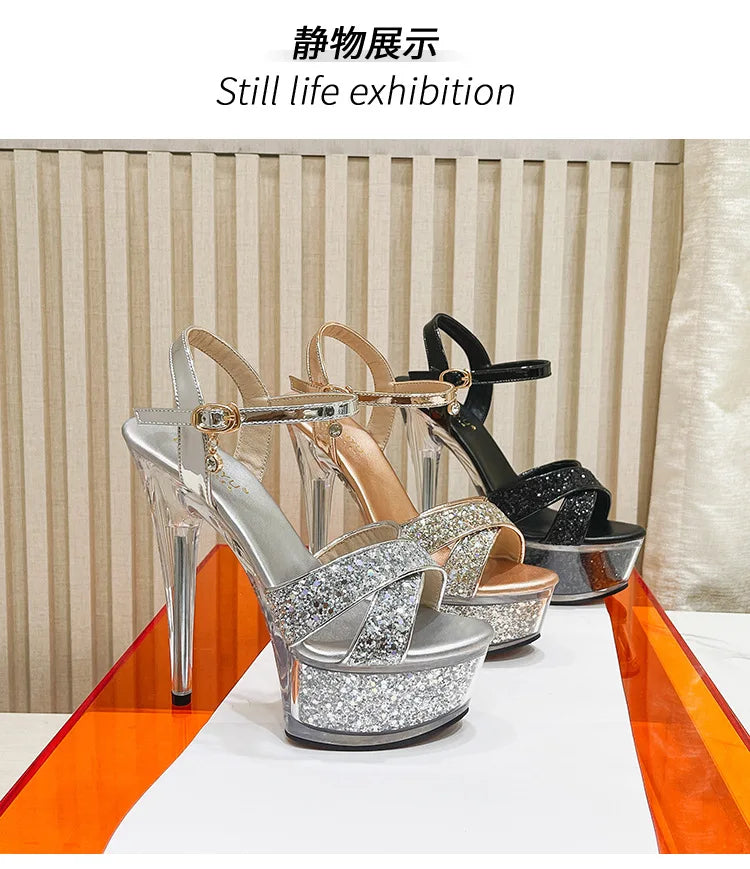 Narrow band buckle strapped high heel stilettos in silver, black, and nude with glitter details