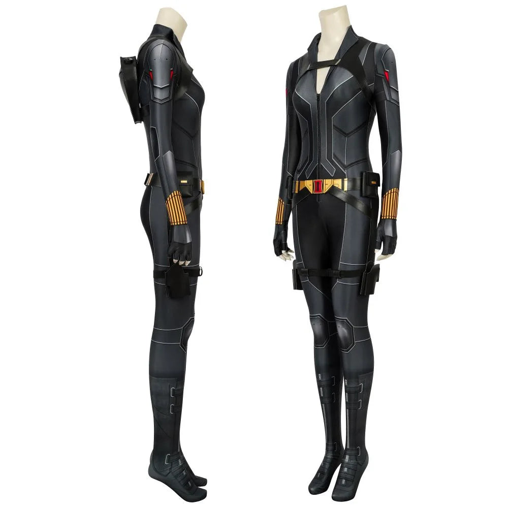 Natasha Widow cosplay costume featuring a sleek black design with gold accents and tactical gear