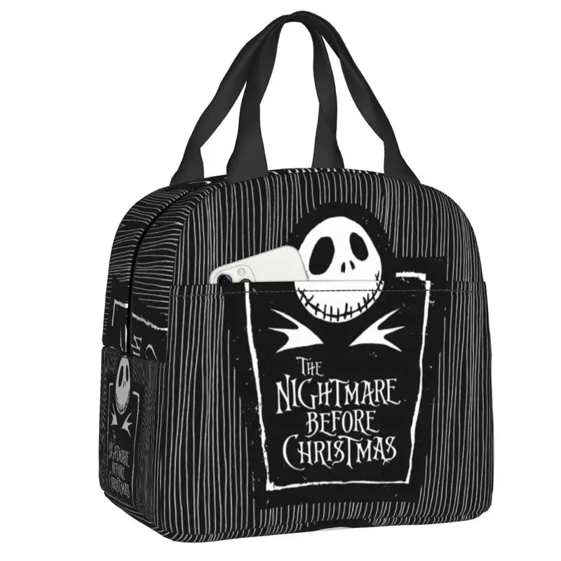 EtherealBe Nightmare Before Christmas Halloween lunch bag with Jack Skellington design and front pocket