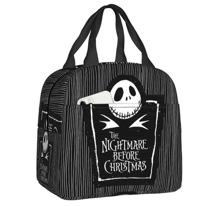 EtherealBe Nightmare Before Christmas Halloween lunch bag with Jack Skellington design and front pocket