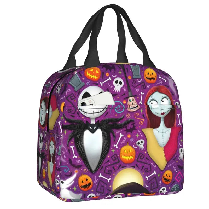 Purple Nightmare Before Christmas Halloween lunch bag featuring Jack Skellington and Sally designs