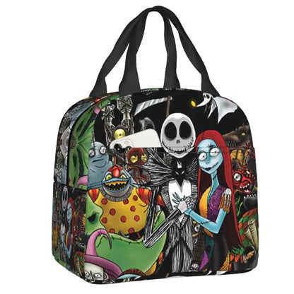Colorful Nightmare Before Christmas Halloween lunch bag featuring Jack Skellington and Sally designs