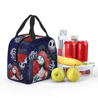 EtherealBe Nightmare Before Christmas Halloween lunch bag featuring Jack and Sally with snacks and drinks
