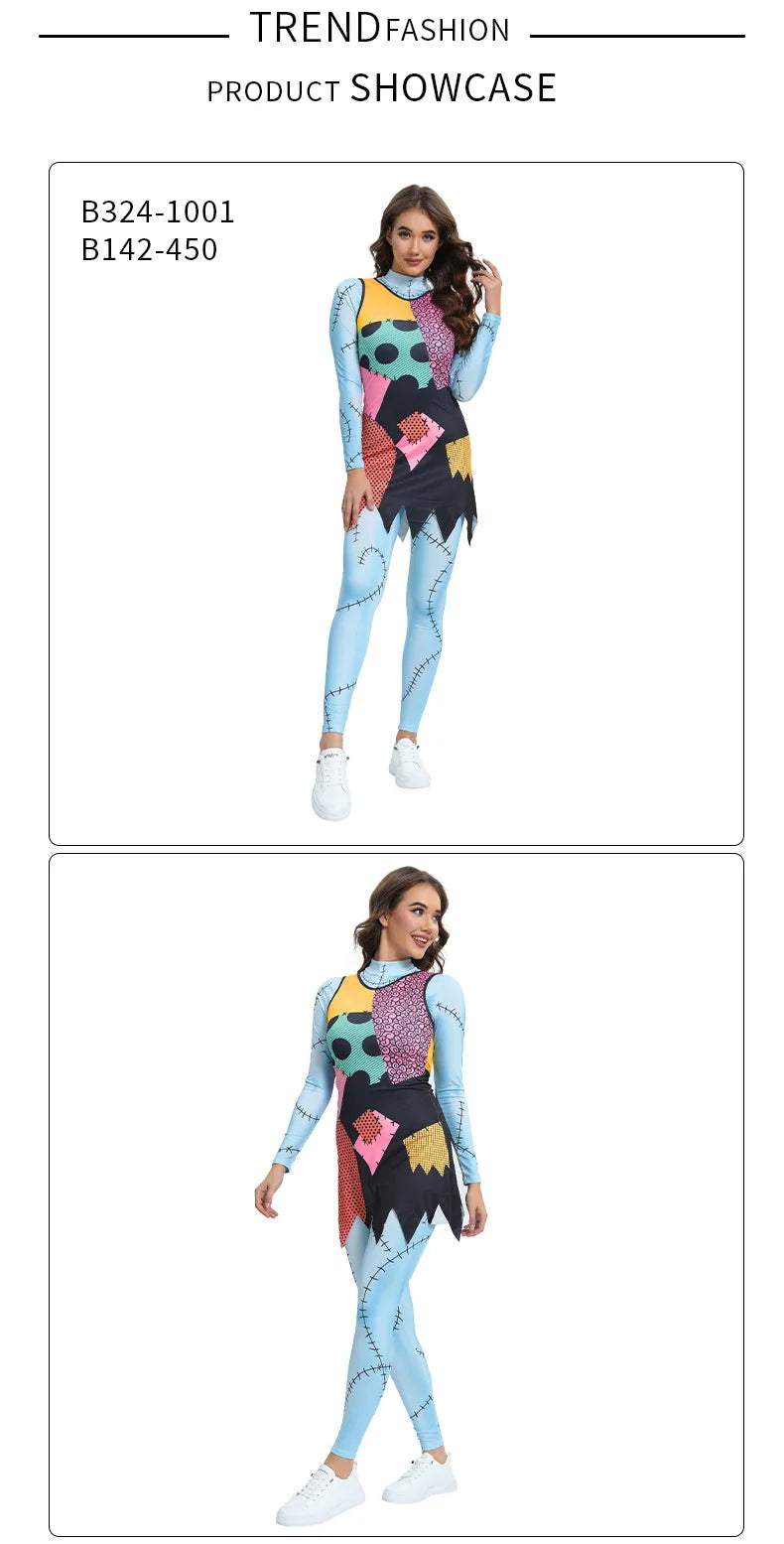 Nightmare Before Christmas Sadly cosplay costume featuring colorful patchwork design and fitted silhouette