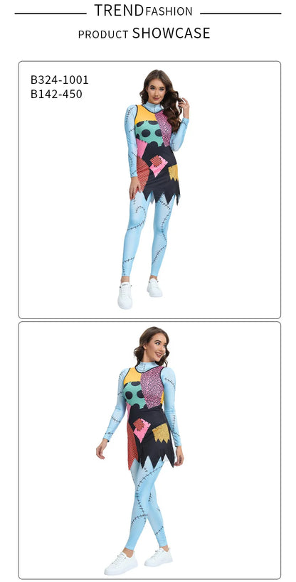 Nightmare Before Christmas Sadly cosplay costume featuring colorful patchwork design and fitted silhouette