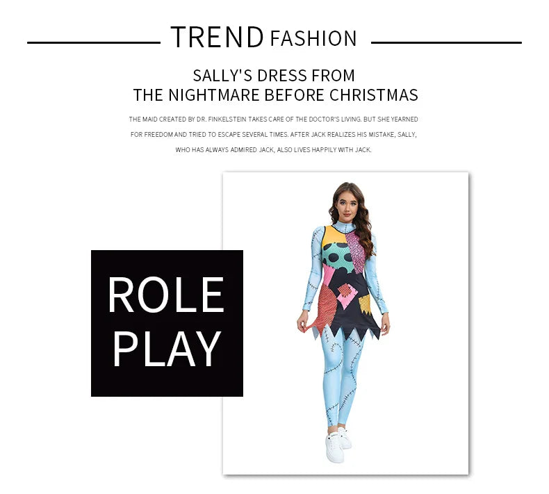 Sally Costume from The Nightmare Before Christmas for cosplay with colorful patchwork design