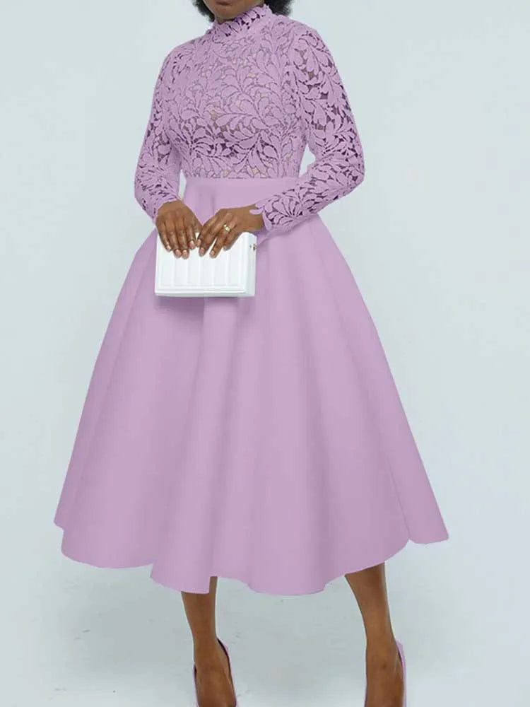 EtherealBe elegant lace party dress for women in lavender with high neck lace bodice long sleeves midi skirt and white clutch