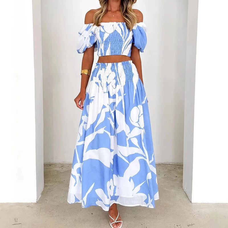 EtherealBe off shoulder floral skirt set in blue and white with a cropped top and flowing skirt