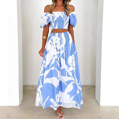 EtherealBe off shoulder floral skirt set in blue and white with a cropped top and flowing skirt