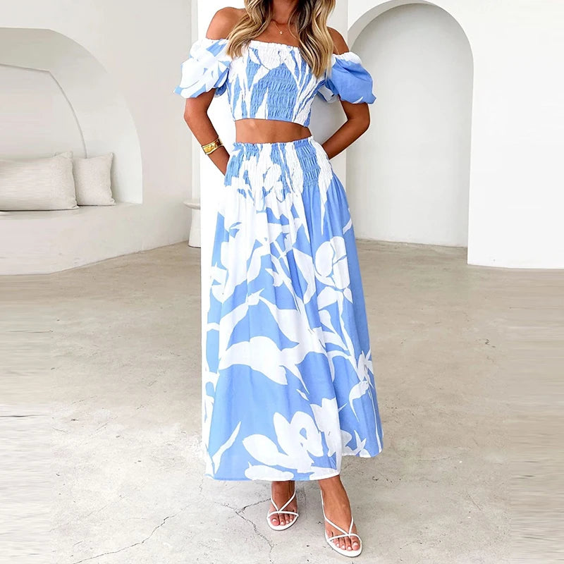 EtherealBe off shoulder floral skirt set in blue with white floral patterns, perfect for summer outings