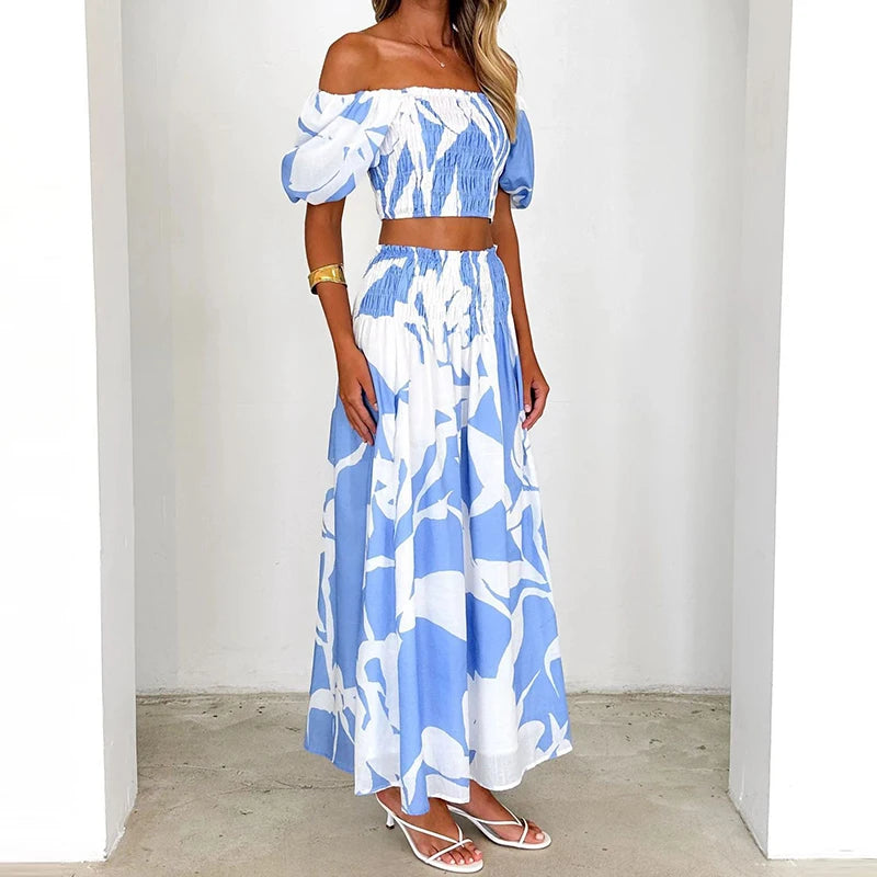 EtherealBe off shoulder floral skirt set in blue with puff sleeves and flowing maxi skirt