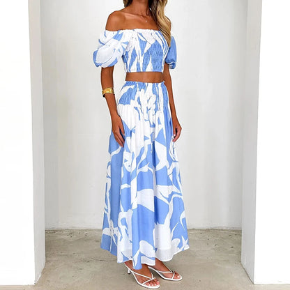 EtherealBe off shoulder floral skirt set in blue with puff sleeves and flowing maxi skirt