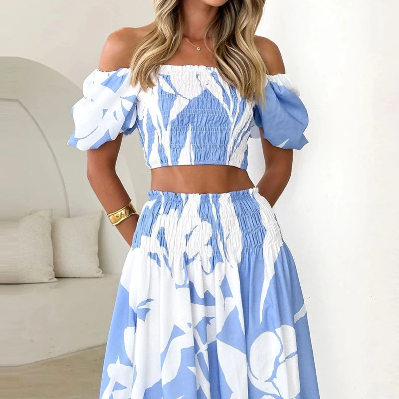 EtherealBe off shoulder floral skirt set in blue with puff sleeves and a flowy skirt