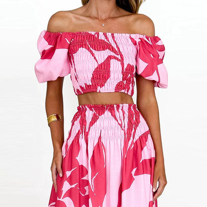 EtherealBe off shoulder floral skirt set featuring a smocked crop top and matching skirt in pink hues