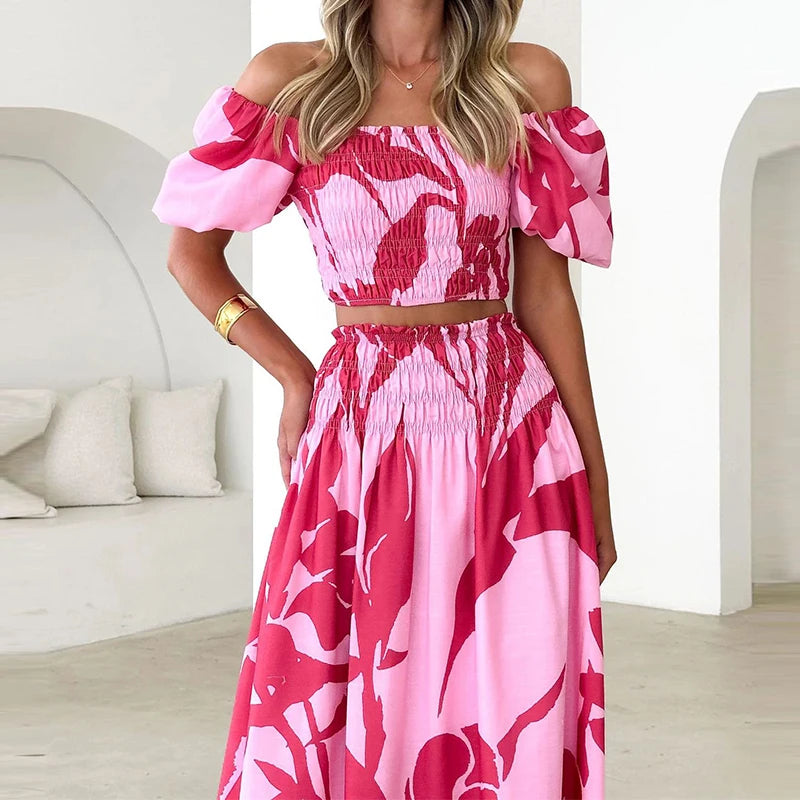 EtherealBe Off Shoulder Floral Skirt Set in Pink with Bold Floral Patterns for Summer Fashion