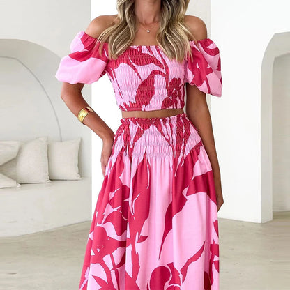 EtherealBe Off Shoulder Floral Skirt Set in Pink with Bold Floral Patterns for Summer Fashion