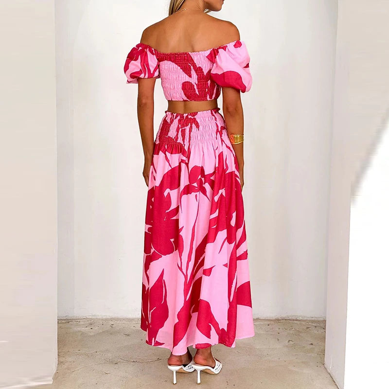 EtherealBe off shoulder floral skirt set featuring a smocked crop top and a flowing maxi skirt