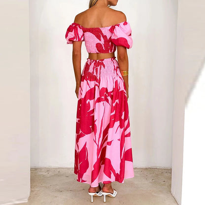 EtherealBe off shoulder floral skirt set featuring a smocked crop top and a flowing maxi skirt