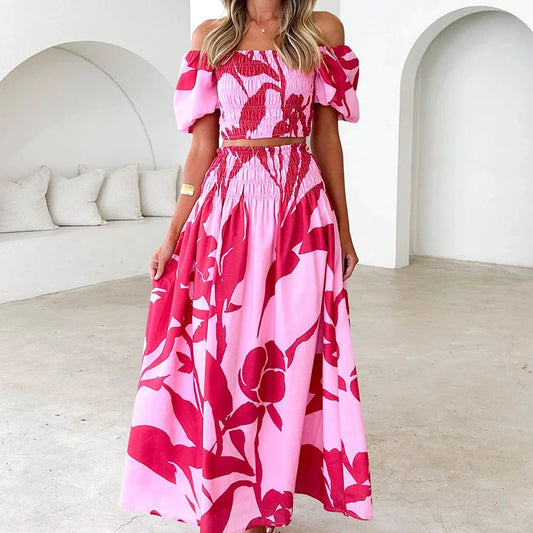Elegant off shoulder floral skirt set in pink with puff sleeves and flowing design
