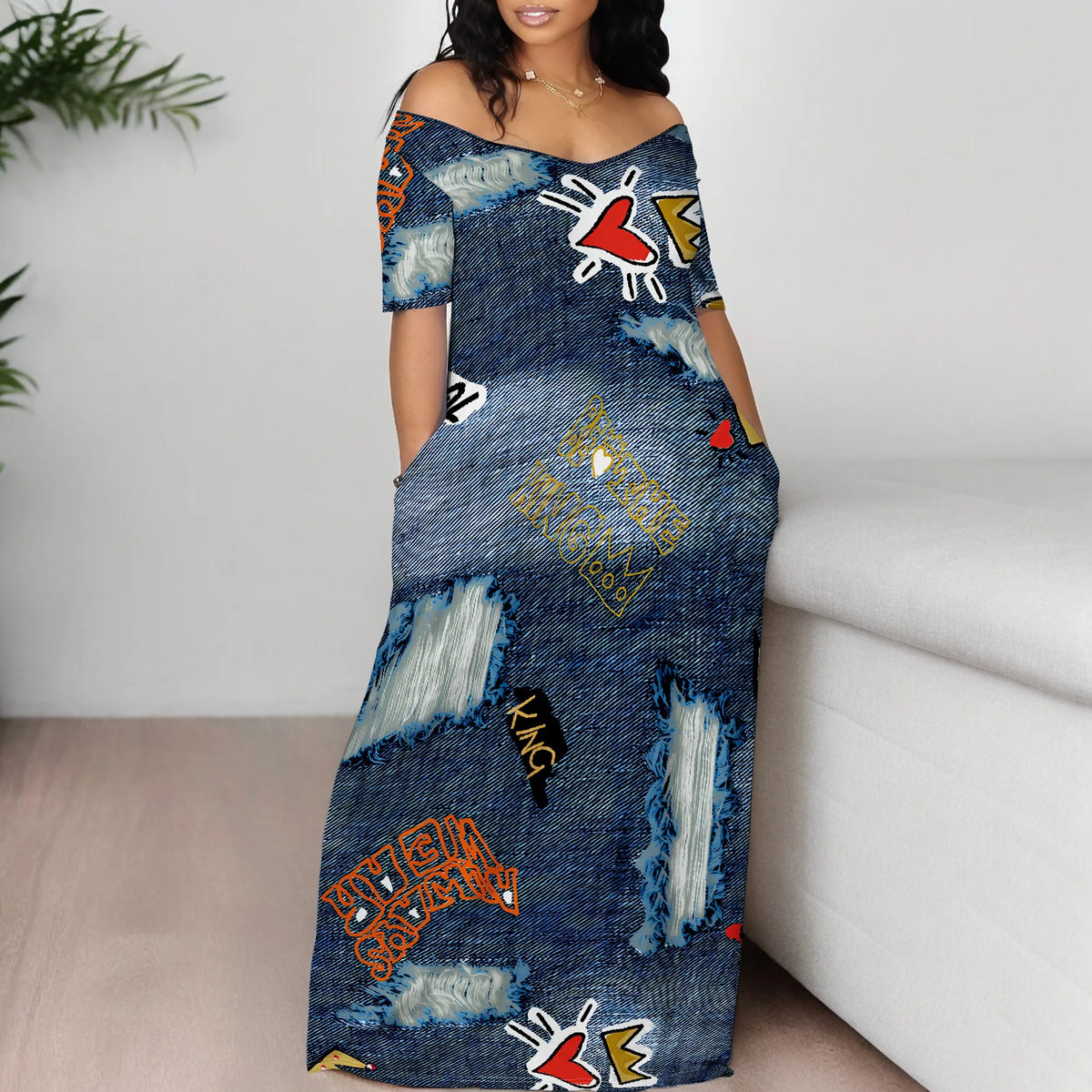 EtherealBe off shoulder printed maxi dress featuring colorful graphic designs and pockets for effortless style