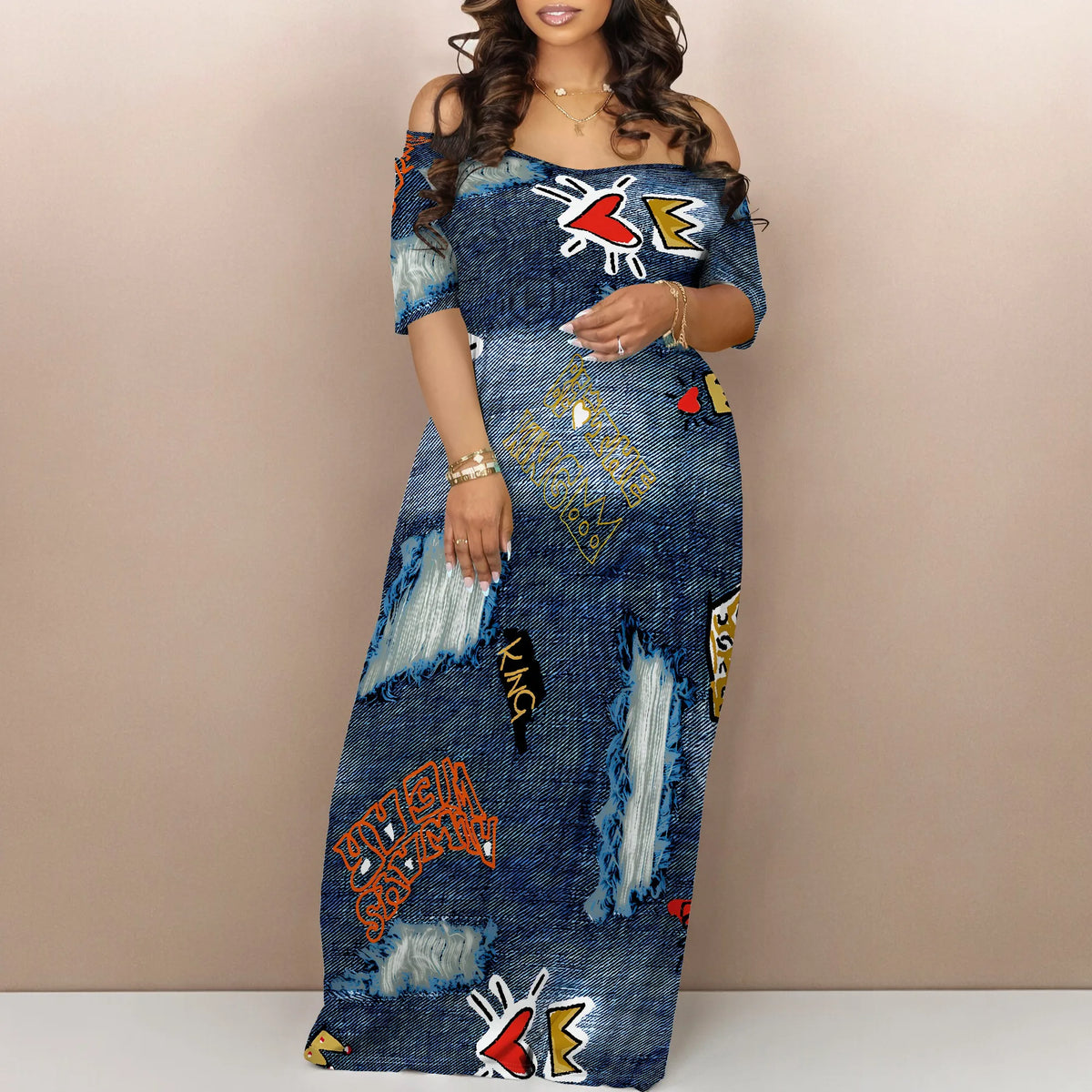 EtherealBe off shoulder printed maxi dress in blue with colorful graphic designs for a stylish summer look